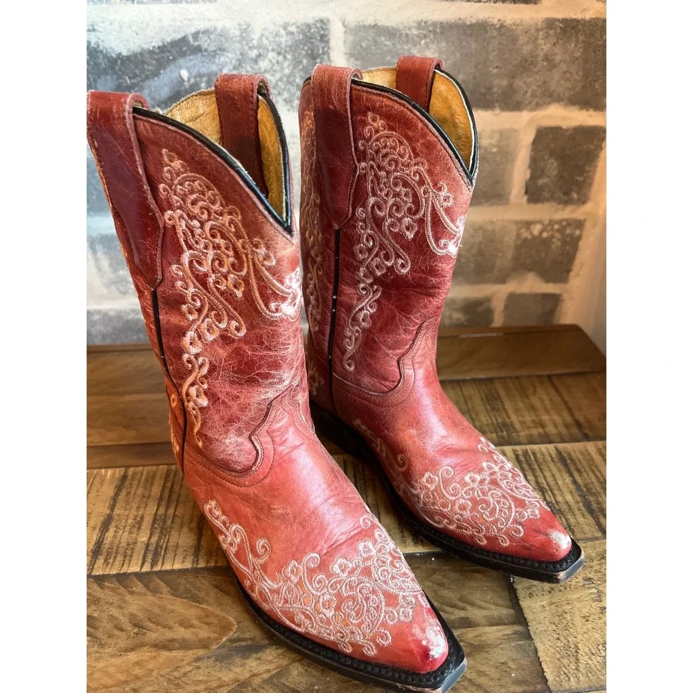 Corral Boots Kids Red Leather Embroidered Western Cowboy Boots Size 12K‎